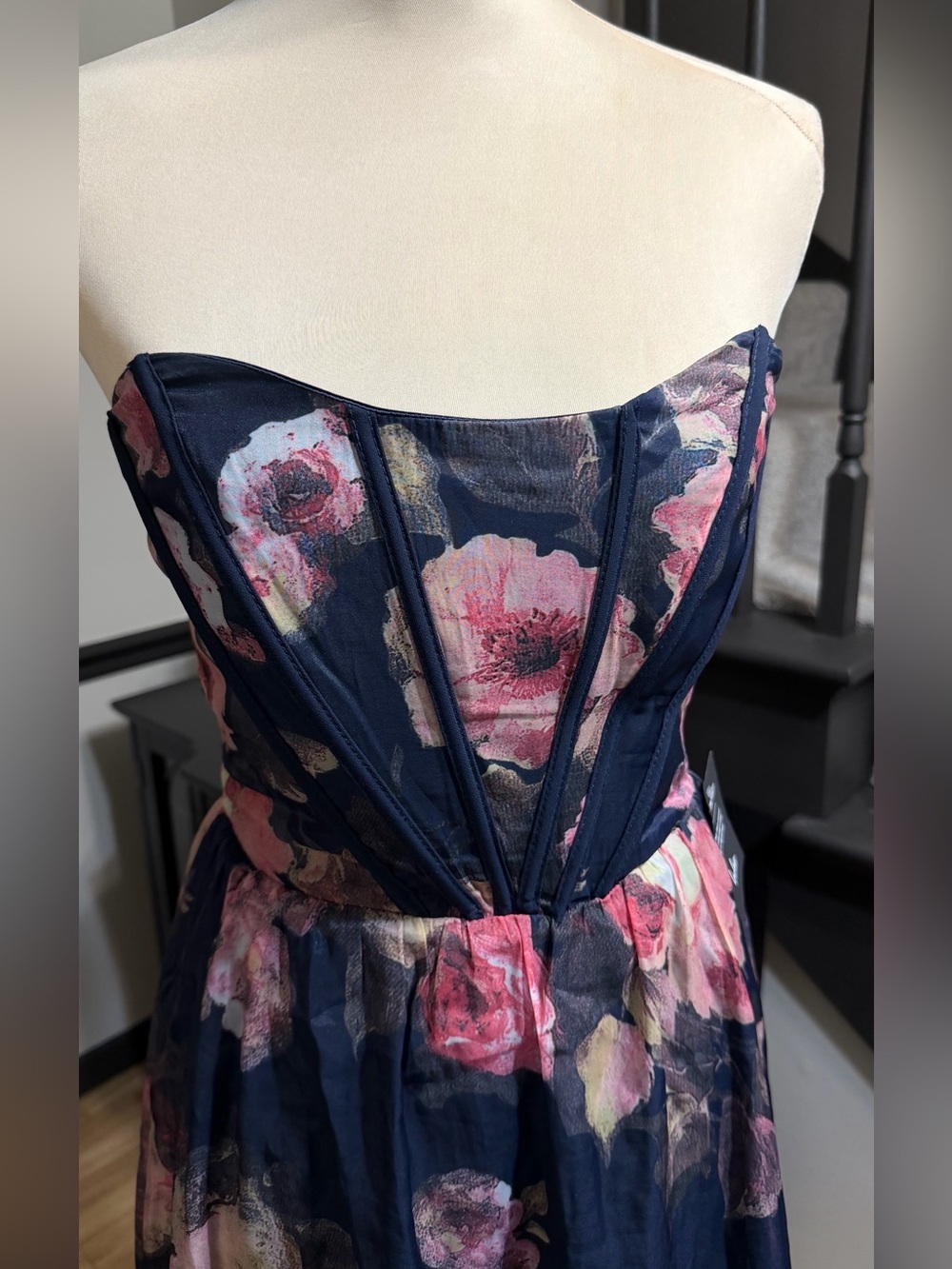 Roane Lulu's Navy Floral Bustier Strapless Maxi Dress Small - Picture 6 of 9
